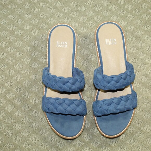 Eileen Fisher Women's 8 Blue Woven Nubuck Two Strap Platform Wedge Sandals - Picture 2 of 6